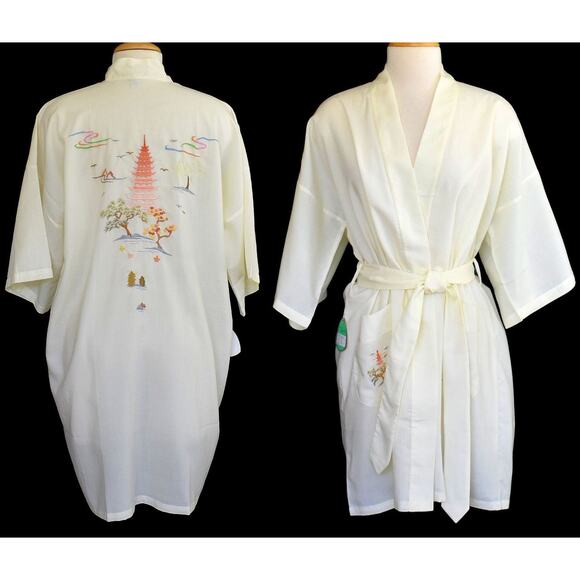 Vintage 80s Embroidered Rayon Blend Wrap Robe, Knee Length, New with Tags, NWT - Picture 3 of 10